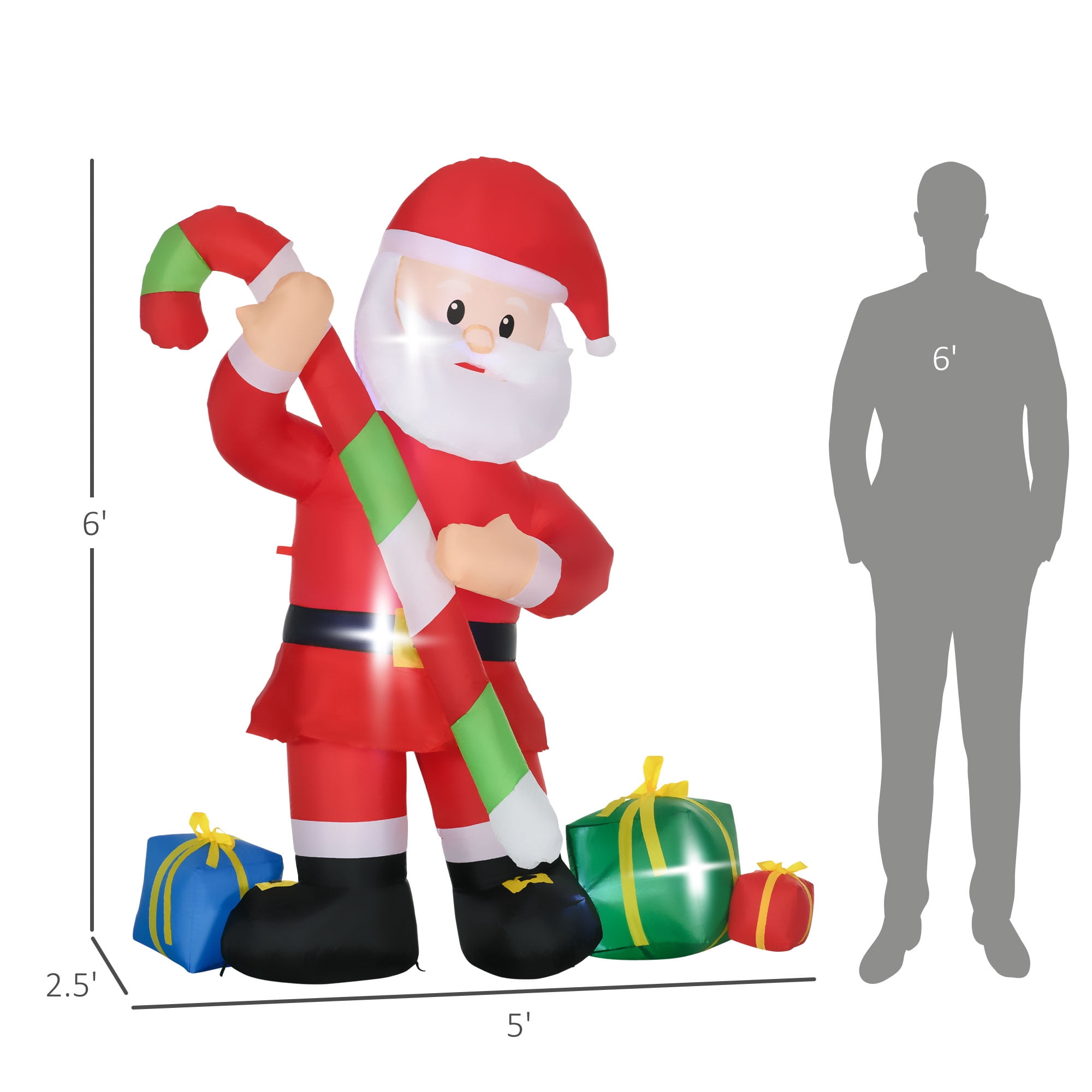 Santa Claus with Candy Cane and Gift Boxes Inflatable Outdoor Christmas Yard Decoration with Built-in LED Lights