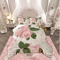 Manfei Romantic Pink Rose Full Size Comforter Sets, Vintage Fashion Bedding Comforter Set, Flower Floral Reversible Bedding Sets, Luxury Bedroom Decor, 3-Piece