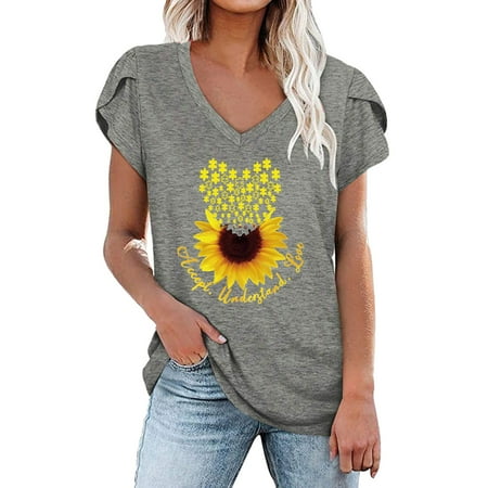 

Tank Top for Women Nursing Tops Women s Summer V-neck Sunflower Printed Tops T-Shirts Casual Petal Sleeve Blouse Tank Tops Summer Savings Womens Blouses and Tops Dressy Gray 2XL