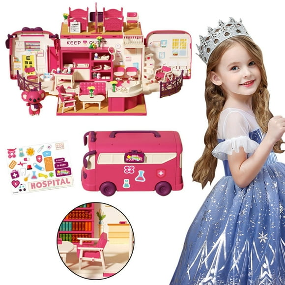 HUASHENG Dollhouse Playset DIY Pretend Portable Bus Toy Kit With Little Critters Bunny Dolls Mini Cottage House Set Camping Family Toys For Toddler 3 4 5 6 Year Old