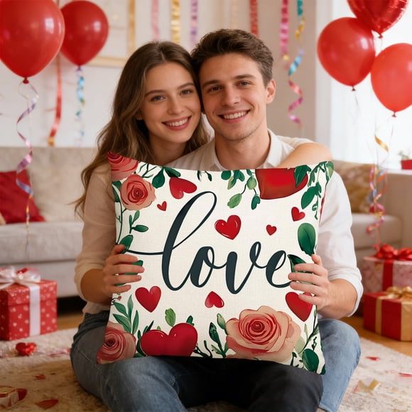 Funda de cojín decorativa con estampado de corazones y flores | Funda de almohada para sofá con temática de San Valentín | Decoración navideña para el hogar