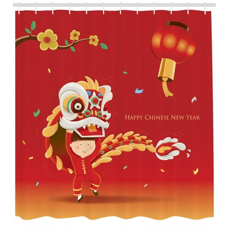 Chinese New Year Shower Curtain, Little Boy Performing Lion Dance with the Costume Flowering Branch Lantern, Fabric Bathroom Set with Hooks, 69W X 70L Inches, Multicolor, by
