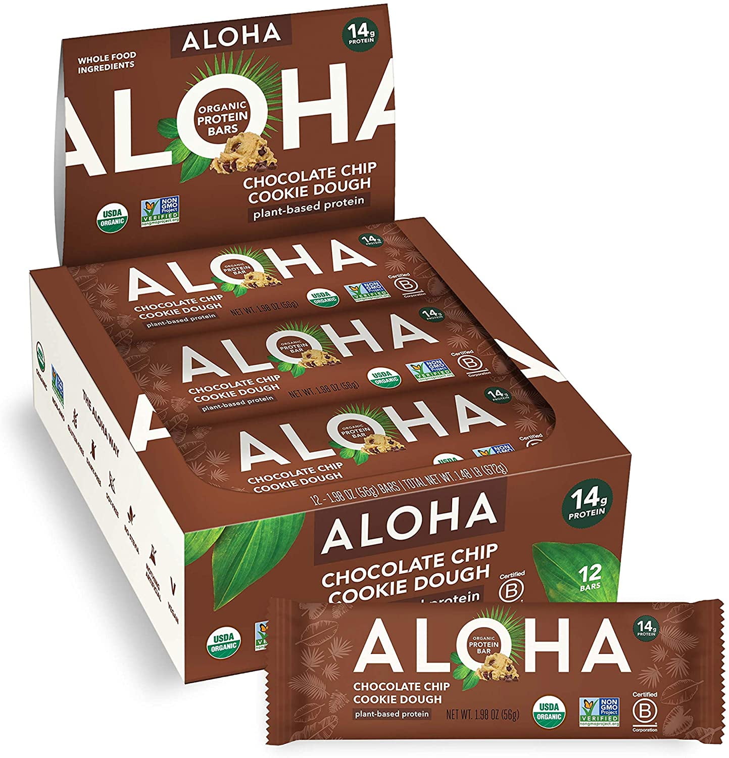 ALOHA Organic Plant Based Protein Bars - Chocolate Chip Cookie Dough - 12 Count, 1.9oz Bars - Vegan Snacks, Low Sugar, Gluten-Free, Low Carb, Paleo, Non-GMO, Stevia-Free, No Sugar Alcohols
