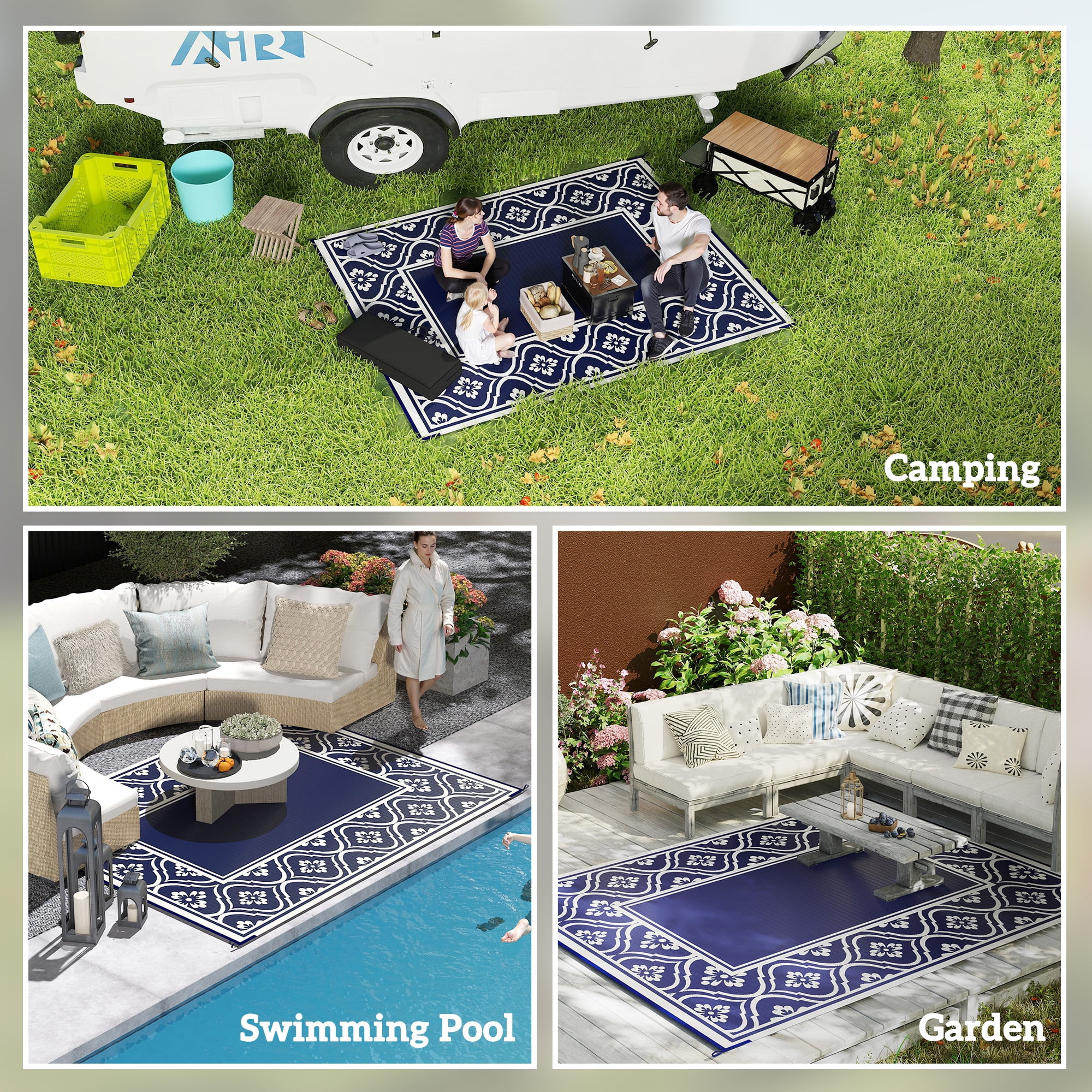 8' x 10' Blue & White Gourd Border Reversible Outdoor Patio Rug, Waterproof Plastic Straw RV Camping Mat with Carry Bag, Foldable Fade Resistant Rug