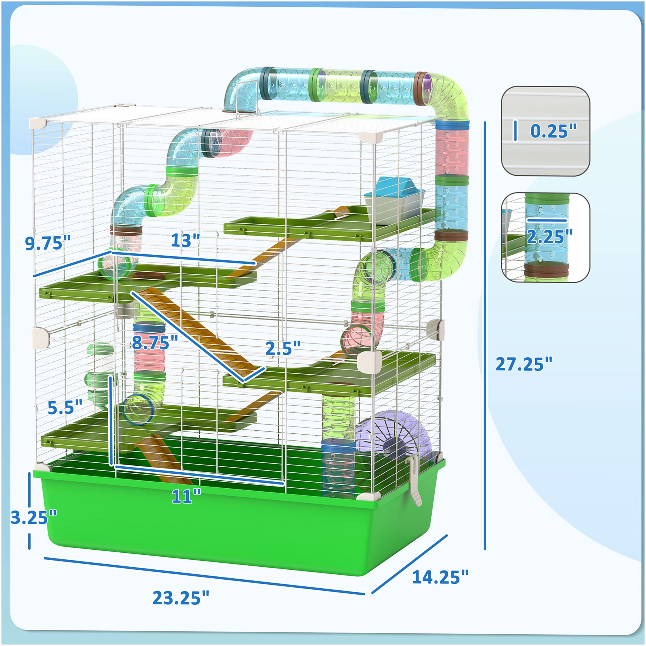 JERFIT 5-Tier Large Hamster Cage with Tubes, Wheel, Water Bottle & Food Dish - Green Steel Habitat for Mice, Rats, Gerbils