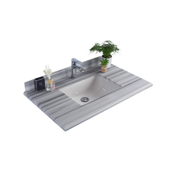 Laviva 313SQ1H-36-WS 0.71 x 22.05 x 35.98 in. Forever Single Hole White Stripes Marble Countertop with Rectangular Ceramic Sink