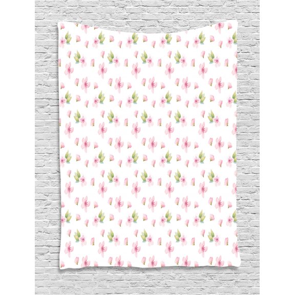 Cherry Blossom Tapestry, Fresh Spring Meadow Fragrance Joy and Love Tender Season Flowers, Wall Hanging for Bedroom Living Room Dorm Decor, 40W X 60L Inches, Pale Pink Green White, by Ambesonne