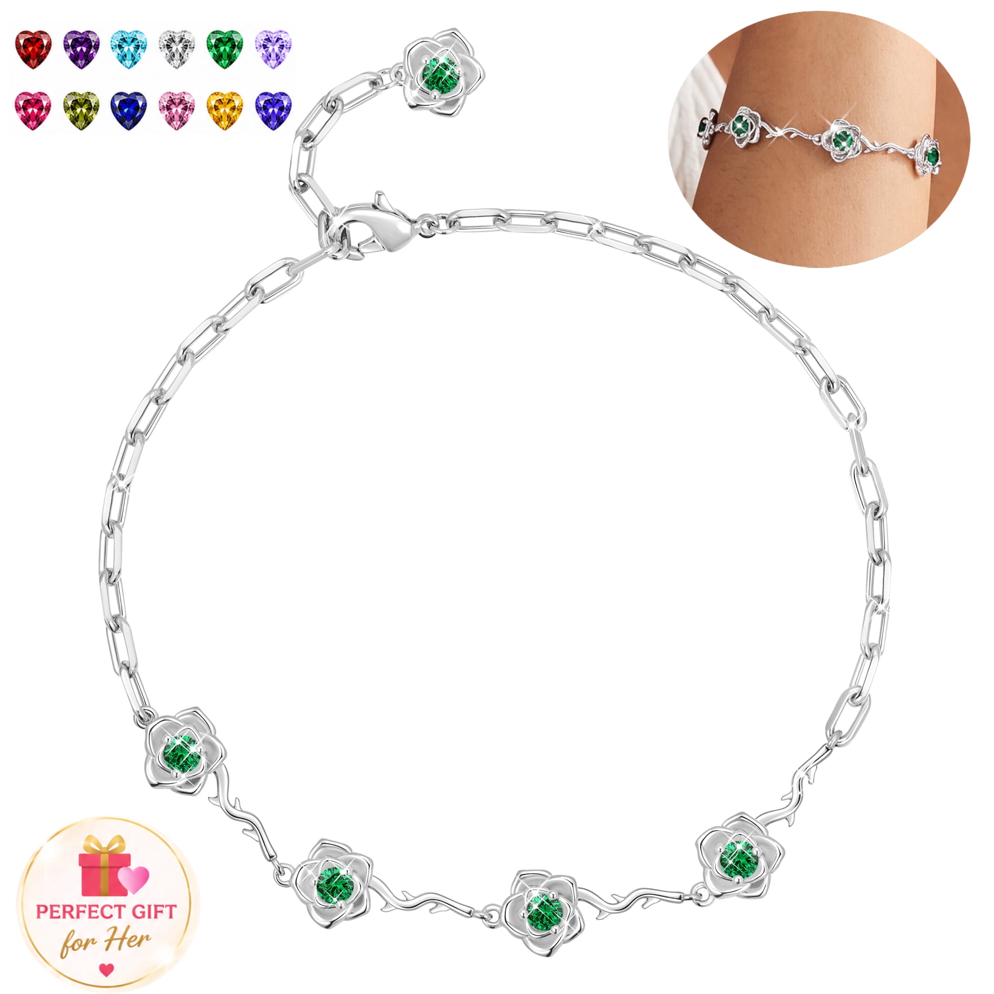 Beautlace Birthstone Bracelet for Women,925 Sterling Silver Plated May Emerald Bracelet Adjustable Chain Jewelry Gift for Mom Wife Girlfriend Birthday Mother’s Day Christmas