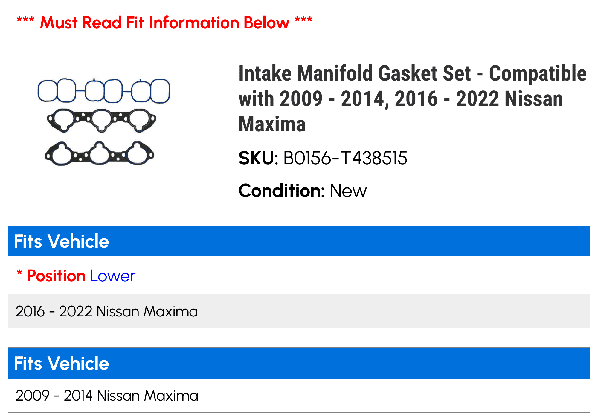 Intake Manifold Gasket Set - Compatible with 2009 - 2014, 2016 - 2022 Nissan Maxima 2010 2011 2012 2013 2017 2018 2019 2020 2021