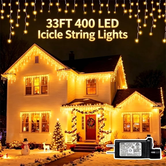 Soapow Icicle String Lights, 33 ft 400 LED Warm White Christmas Curtain Lights with 75 Drops, 8 Modes, IP44 Waterproof, Indoor Outdoor Decor