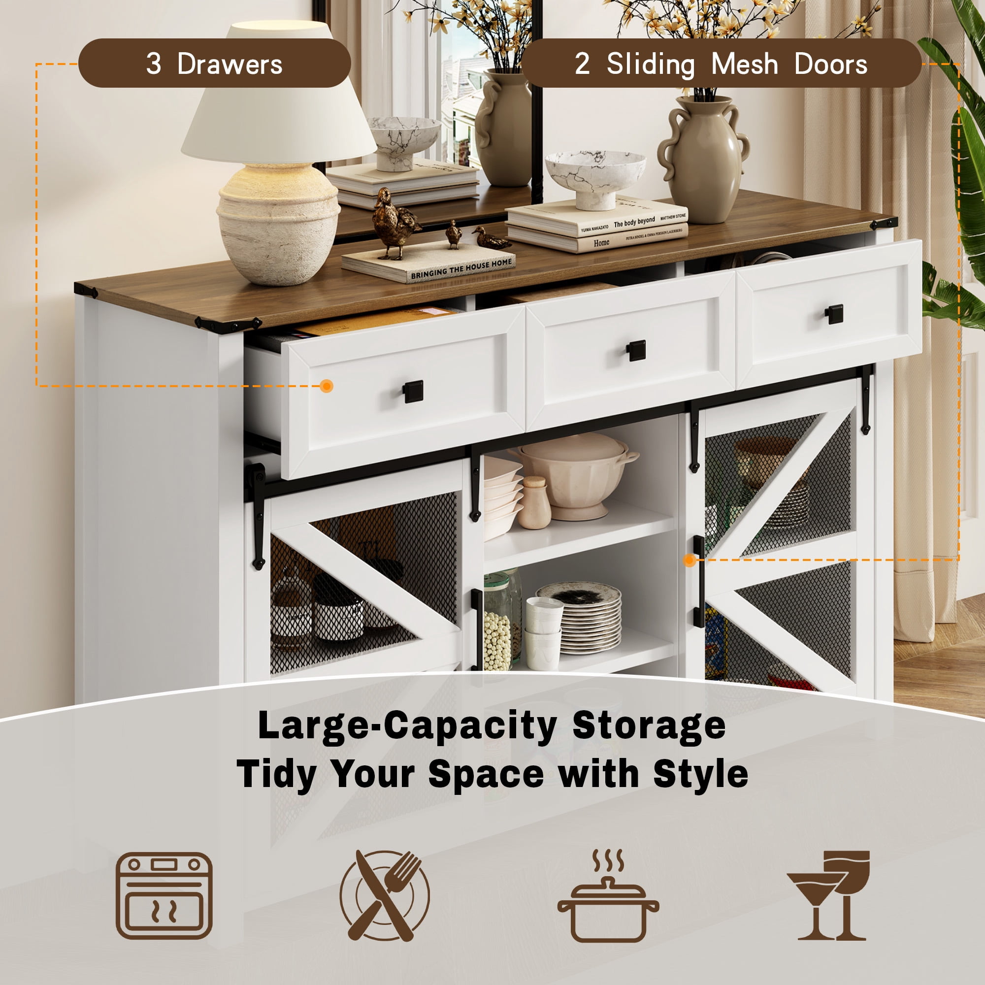 Leumius 55In Sliding Barn Door Sideboard Buffet Cabinet with 3 Drawers, Adjustable Shelves, Metal Mesh & Particleboard Doors, Aluminum Handles, Industrial Storage for Living or Dining Room White