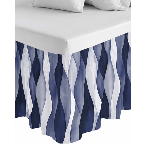 Navy Blue Wrap Around Bed Skirts for California King Bed 18" Drop,Bed Skirt with Adjustable Elastic Belt Dust Ruffle Bed Valance for Bedroom Modern Moire Abstract Ripple Geometric Bed Frame Cover