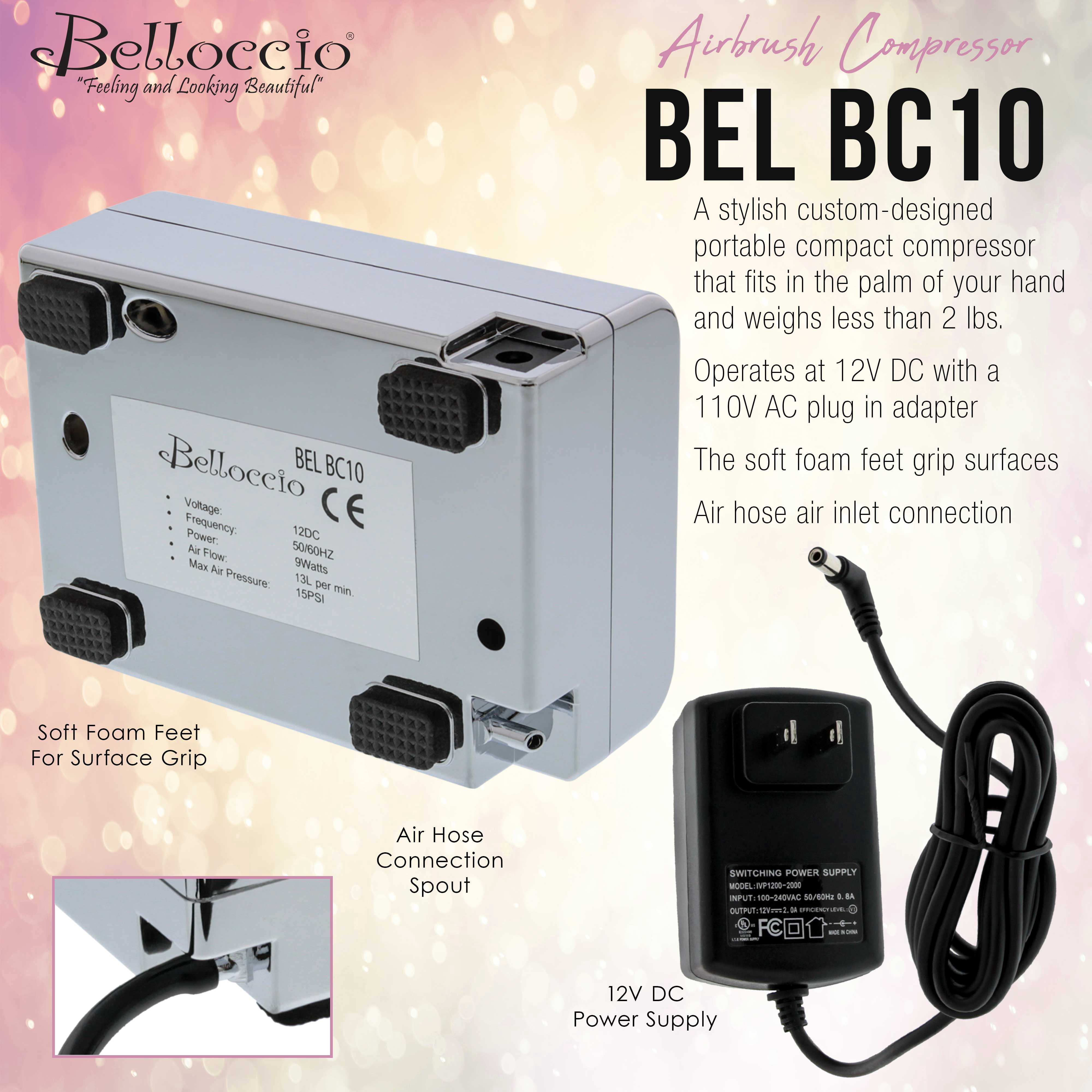 Belloccio Quiet Mini Airbrush Air Compressor Makeup, Spray Tanning, Tattoo, Cake