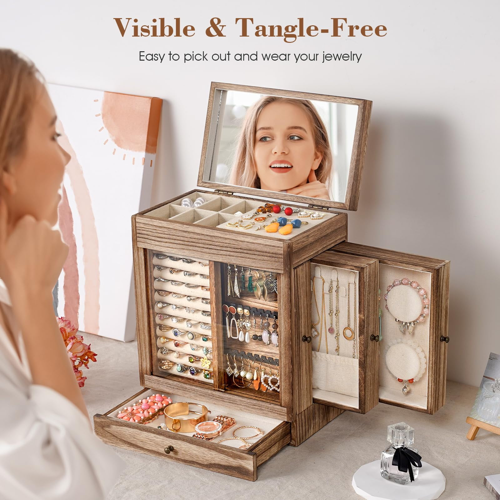 Sfugno Large Wood Jewelry Box for Women with Glass Window and 3