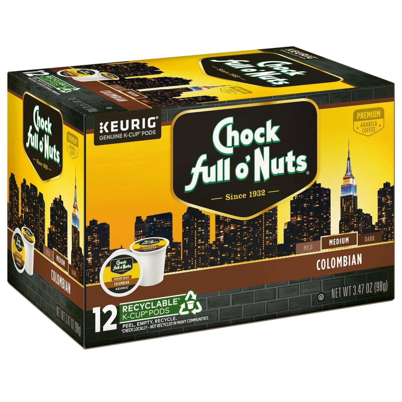 Chock Full o'Nuts Colombian Coffee, Compatible with Keurig K-Cup Pods, 12 CT (Pack of 4)