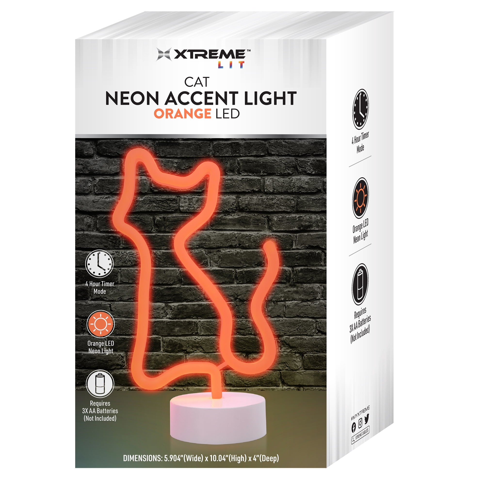 Xtreme Lit 10" Orange Cat Neon Accent LED Light Table Lamp, 4 Hour Timer, Battery Powered 3 AA Batteries