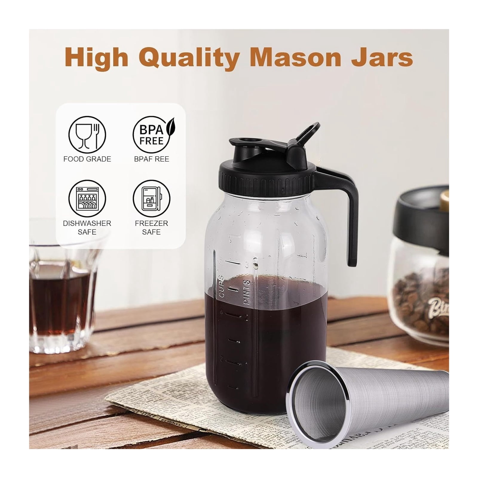 Cold Brew Coffee Maker Pitcher 64 OZ - Glass Mason Jar with Stainless Steel Infuser Filter for Iced Coffee, Ice Tea, Brewed Making