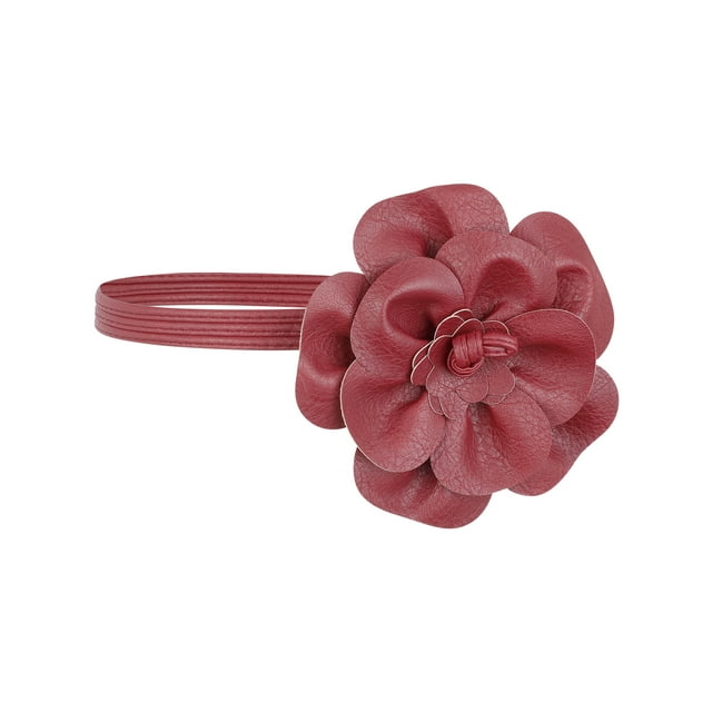 Cinturón de cuero PU con flores para mujer, cinturón delgado bohemio de cuerda floral, color rojo vino, talla única