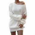 thumbnail image 3 of Women'S Off Shoulder Lantern Long Sleeve Sweater Dress Fall Loose Ribbed Knit Solid Mini Jumper Pullover Dresses White M, 3 of 9