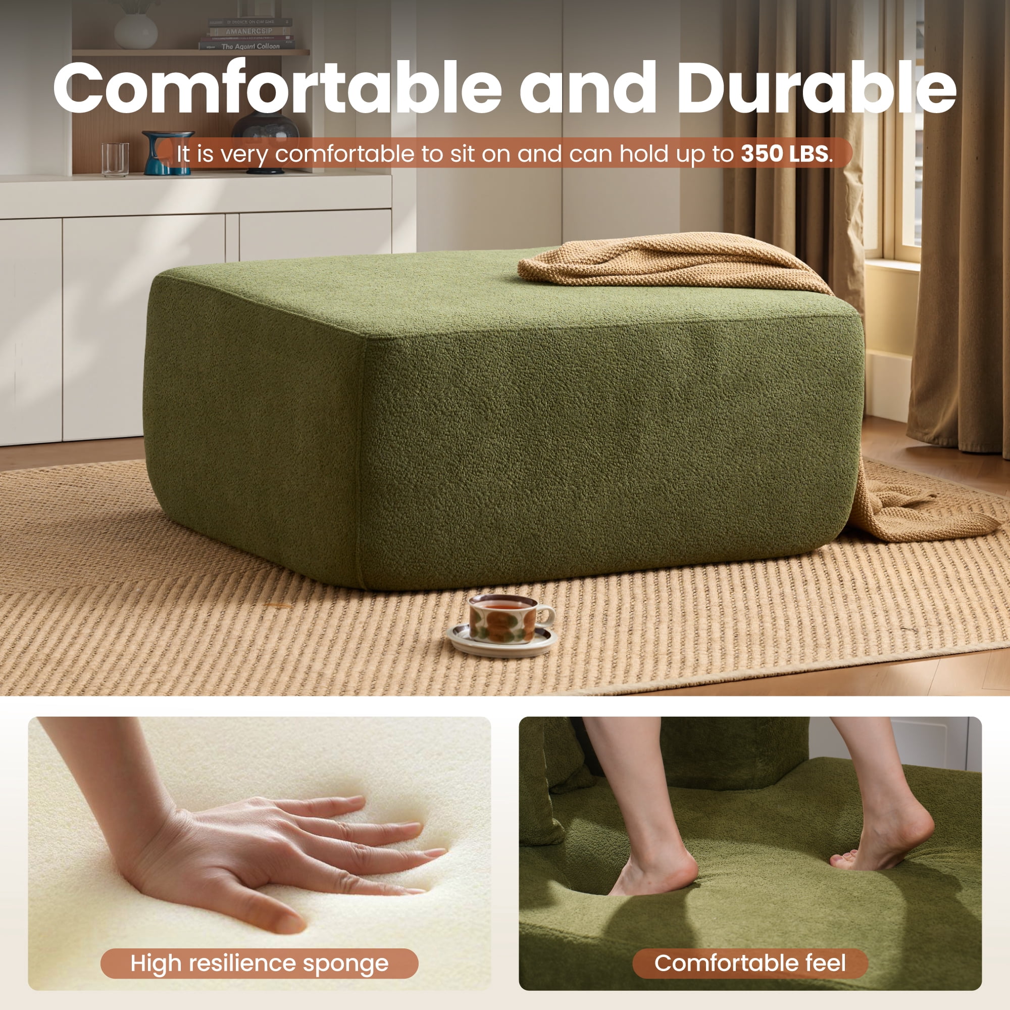 Ovios Oversized Ottoman Footrest for Sofa Large Sherpa Pouf Ottoman Coffee Table Rectangle Floor Bench Extra Seating for Living Room, No Assembly, Green