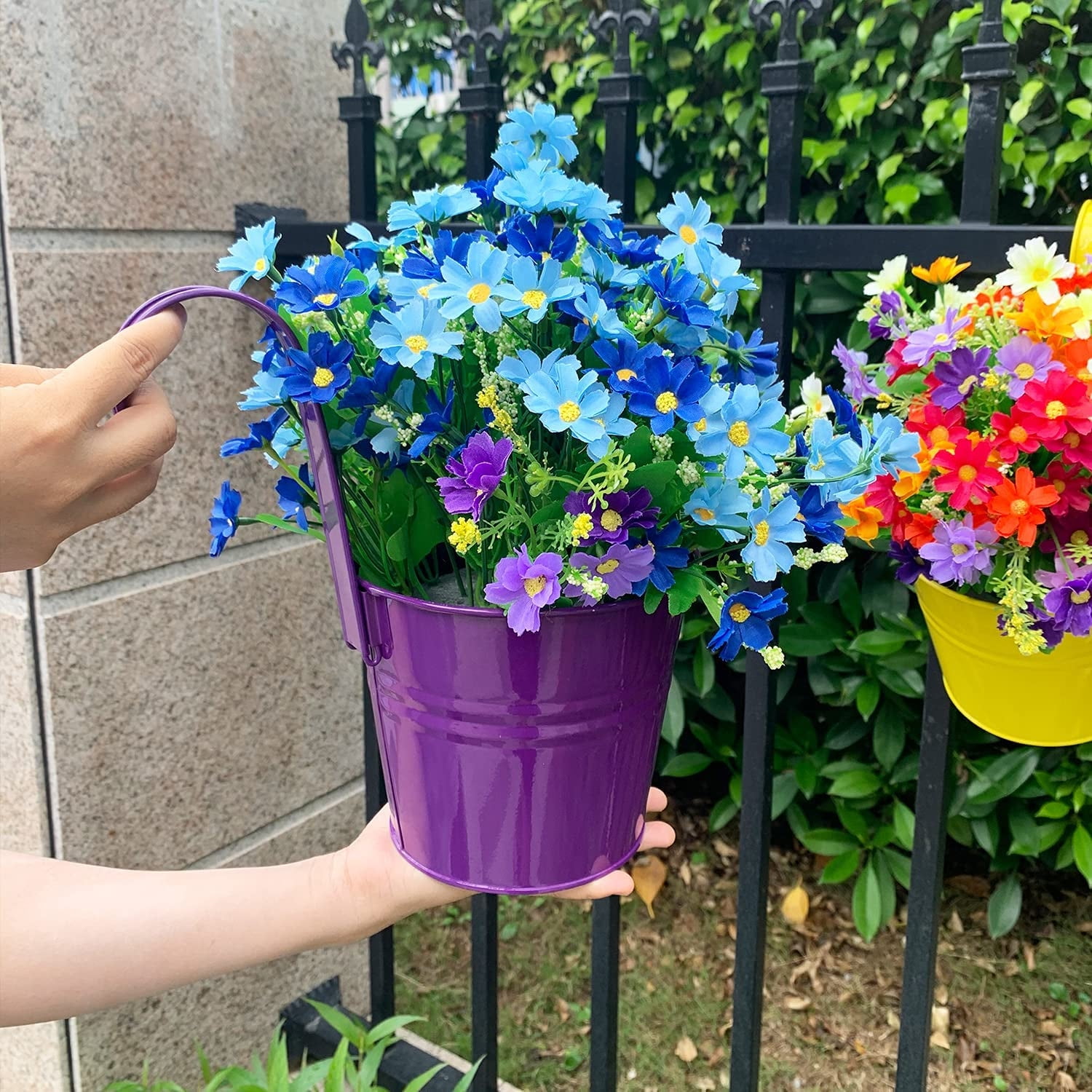 Casewin Hanging Flower Pots,6.3"x 4.7" x 5.3" Iron Hanging Planter Outdoor & Indoor ,Multicolor Bucket Pots with Detachable Hooks, for Railing Fence Balcony Planter Home Decoration, 6PCS