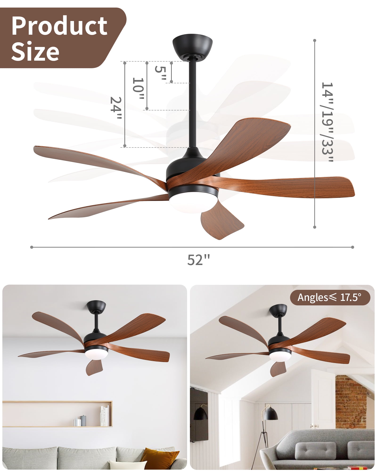 Sofucor 52-Inch Flush Mount Modern Ceiling Fan with 5 Blades, Remote Control, 3-Color LED Light, Quiet Reversible DC Motor