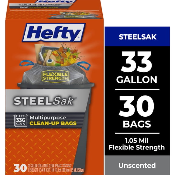 Hefty Steelsak Heavy Duty Large Trash Bags, Gray, Unscented, 33 Gallon, 30 Count