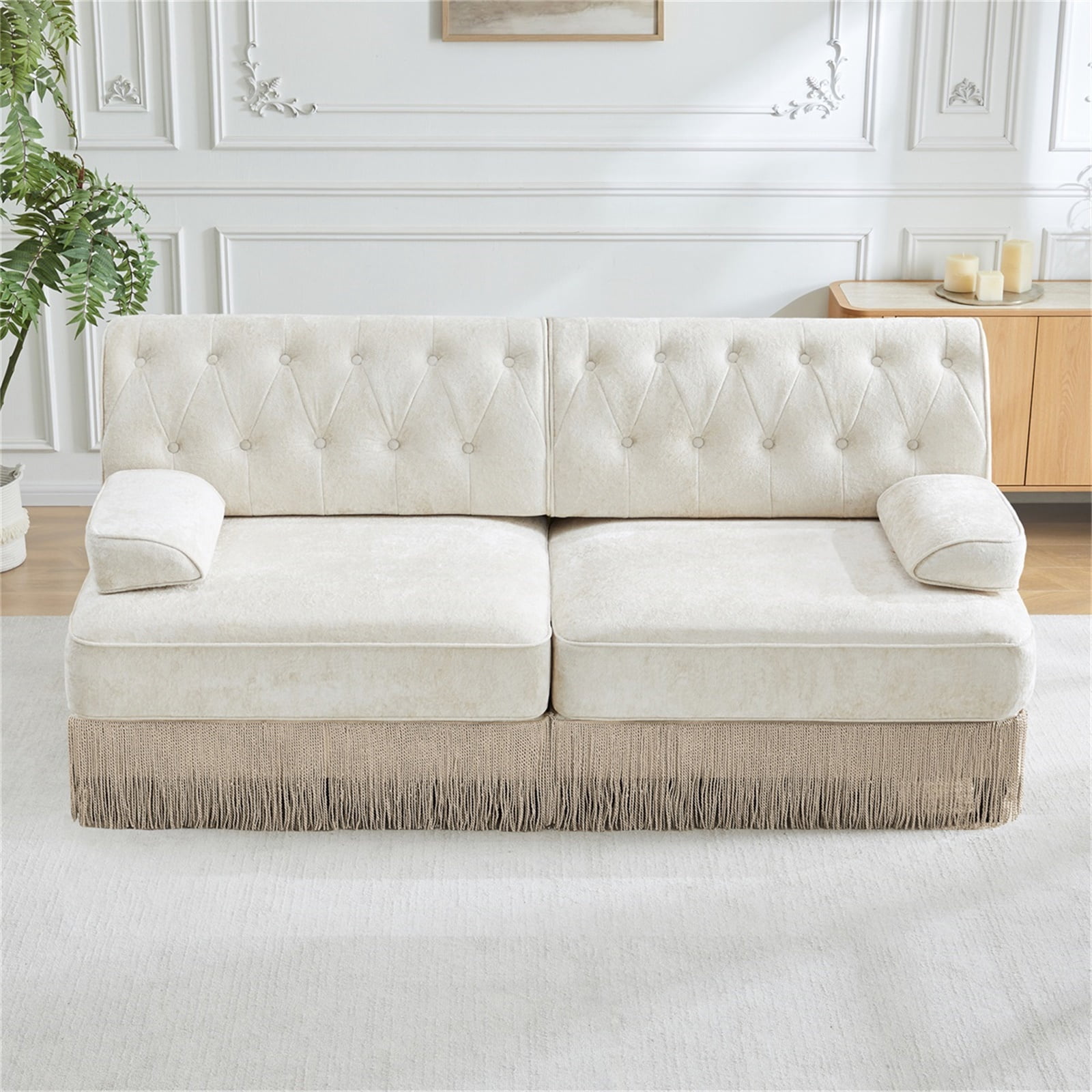 Hommoo 2-Seater Chesterfield Style Velvet Fabric Sofa Couch set, Tufted Button Upholstered Design and Floor-grazing TasseL, Free Combination Sectional Sofa, for Home, Beige