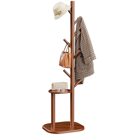 8-Hook Freestanding Hall Tree with Storage Shelf, Solid Wood Base 66.3″ Tall Brown Coat Rack for Coats, Hats, Bags