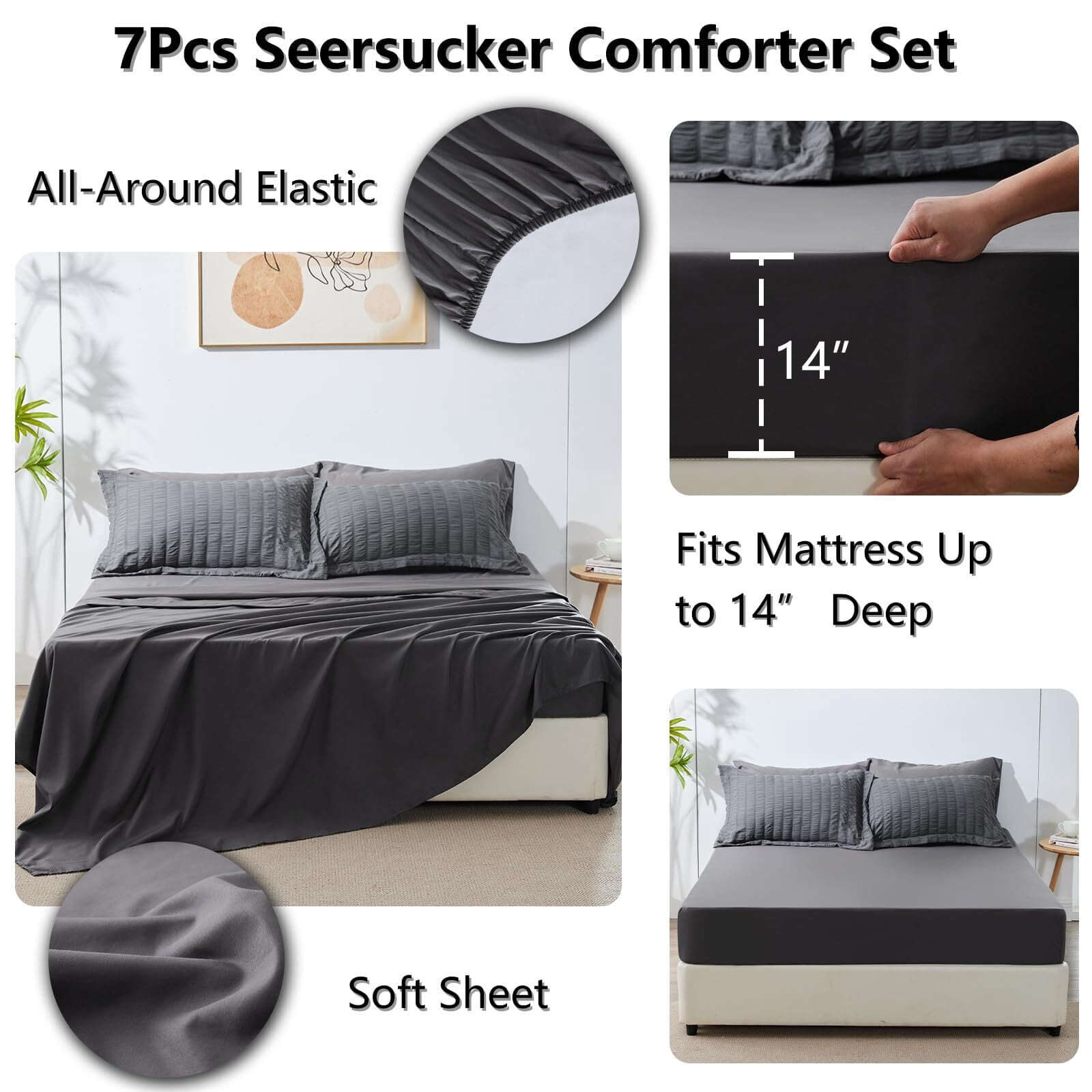 JUSTLET Queen Seersucker Comforter Set with Sheets Dark Grey Bed in a Bag 7-Pieces All Season Bedding Sets with Comforter, Pillow Sham, Flat Sheet, Fitted Sheet, Pillowcase
