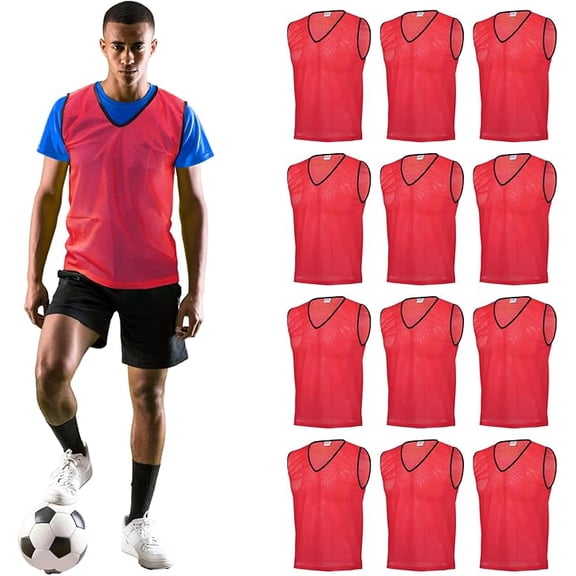 GSi Training Pinnies for Soccer, Basketball, Football (Pack of 12) Mesh Scrimmage Vests for Youth & Adults - Breathable Practice Jerseys - Large Sports Bibs for Teams - 5 Colors Options (Red)