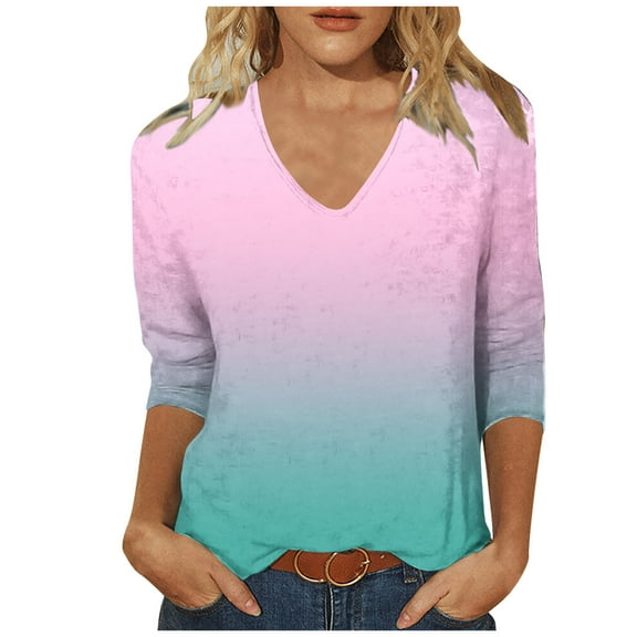 Women's V Neck T Shirts 3/4 Sleeve Blouse Summer Tops Dressy Casual Solid Basic Tees, Limited Time Under 10 Dollars #2
