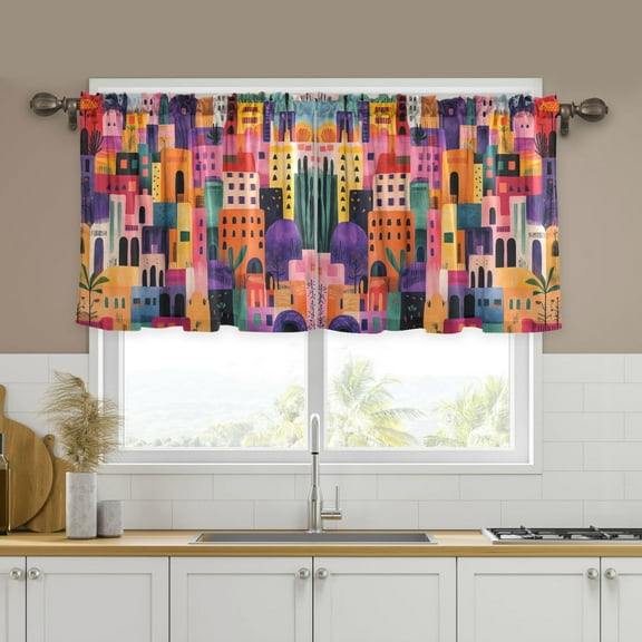 Yayeee Kitchen Curtains Tier Set of 2 Light Filtering 57"x24" Over Sink Window Panels, Art Buildings