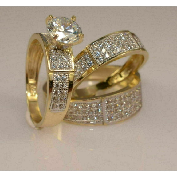 14K Yellow Gold Plated His & Her Bridal Trio White Diamond Round Cut Engagement Band Ring Set -4