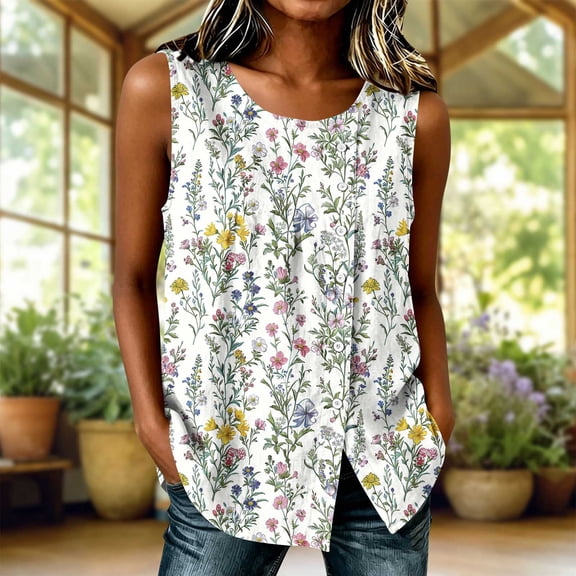 NTACZA Button Down Womens Tops Ditsy Floral Casual Crew Neck Tank Tops Sleeveless Relaxed Vacation Size L