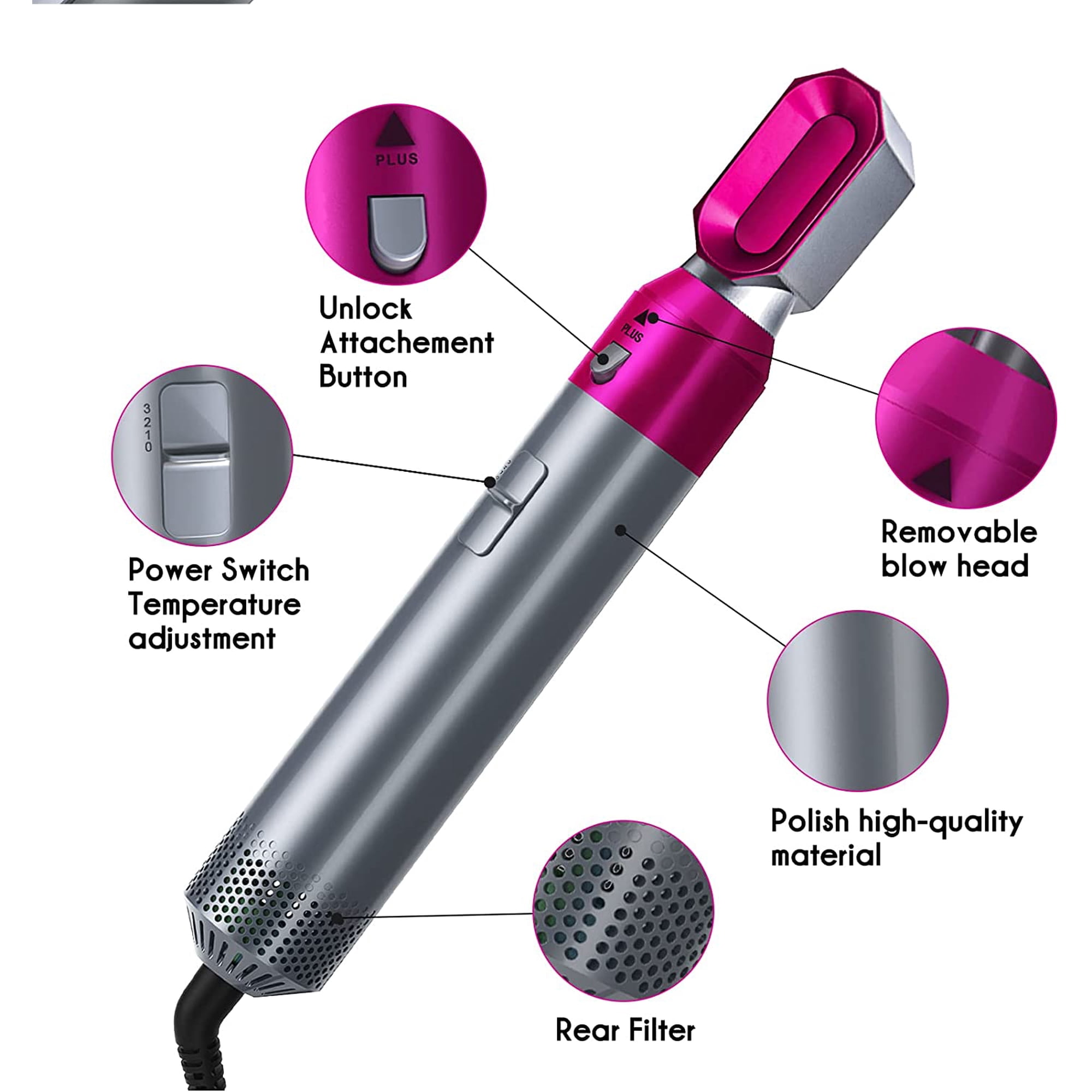 Sèche-cheveux Multifonction 5 En 1 COMBO - Fer à Friser, Lisseur, Brosse, 1000W, Couleur Violet/gris/rose, Garantie 1 An