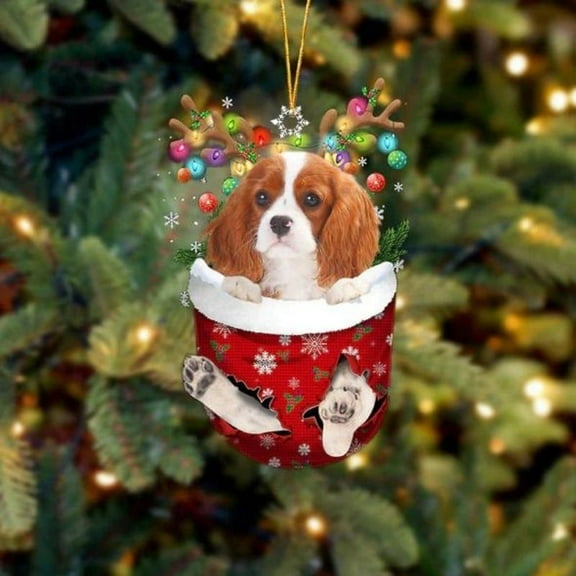 Acrylic 2D FLAT Cavalier King Charles Spaniel In Snow Pocket Christmas Ornament
