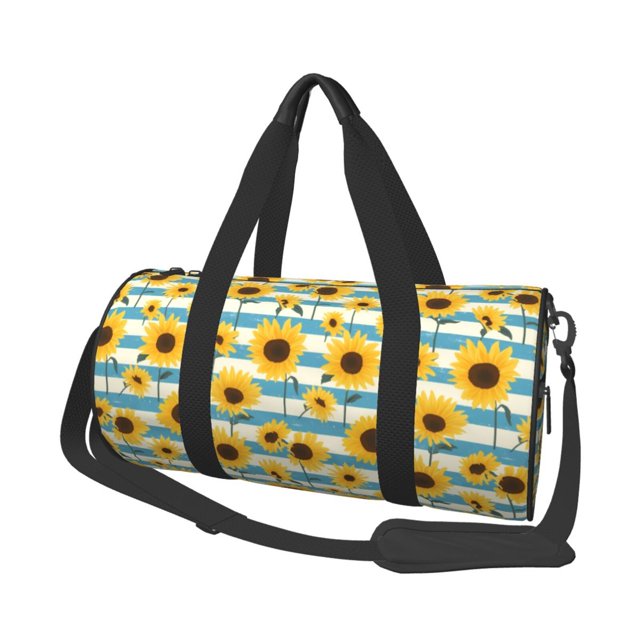 Balery White Blue Striped Sunflower Bolsa de Gimnasio para Mujeres y Hombres, Bolsa de Viaje Impermeable, Bolsa de Fin de Semana con Compartimento para Zapatos y Bolsillo Húmedo