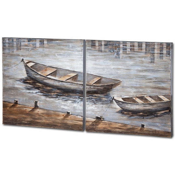 Mercana Creekside Diptych 80X40 Boats On Wood Oil Painting in Multi-Color