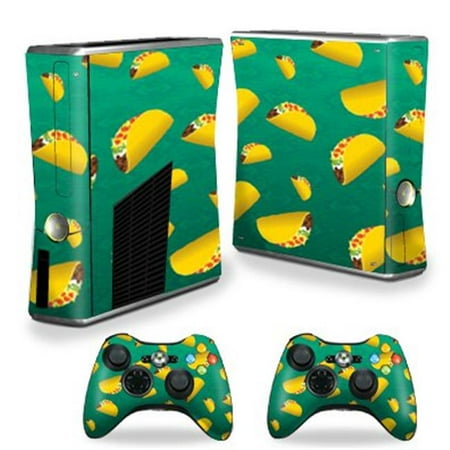 MightySkins XBOX360S-Tacos Skin Decal Wrap for Xbox 360 S Slim Plus 2 Controllers - Tacos Each Microsoft Xbox 360 S Slim Skin kit is printed with super-high resolution graphics with a ultra finish. All skins are protected with MightyShield. This laminate protects from scratching  fading  peeling and most importantly leaves no sticky mess guaranteed. Our patented advanced air-release vinyl guarantees a perfect installation everytime. When you are ready to change your skin removal is a snap  no sticky mess or gooey residue for over 4 years. This is a 8 piece vinyl skin kit. It covers the Microsoft Xbox 360 S Slim console and 2 controllers. You can t go wrong with a MightySkin. Features Skin Decal Wrap for Xbox 360 S Slim Plus 2 Controllers Microsoft Xbox 360 S decal skin Microsoft Xbox 360 S case yellow teal Trending taco bell Taco Tuesday Mexican backgrounds Food Microsoft Xbox 360 S skin Microsoft Xbox 360 S cover Microsoft Xbox 360 S decal Add style to your Microsoft Xbox 360 S Slim Quick and easy to apply Protect your Microsoft Xbox 360 S Slim from dings and scratchesSpecifications Design: Tacos Compatible Brand: Microsoft Compatible Model: Xbox 360 Slim Console - SKU: VSNS73440