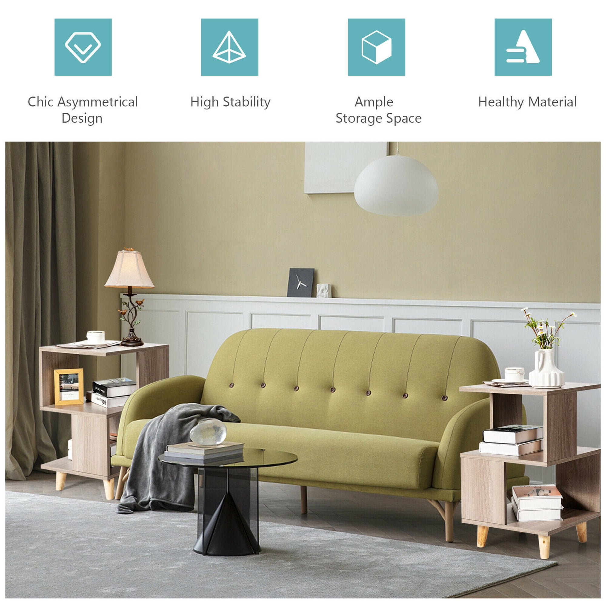 Gymax 2-Pieces Nightstand Set Wood Legs Storage Shelf Modern Side End Table Grey