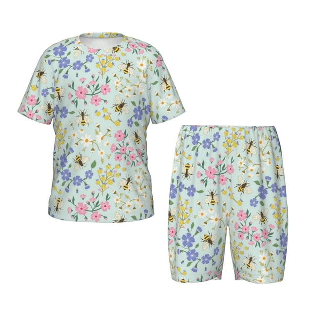 Fotbe Honey Bees And Flowers Pijama Estampada de 2 Piezas para Niños – Ropa de Dormir de Manga Corta Cómoda para Niños y Niñas, Camiseta y Shorts de Algodón-XX-Large