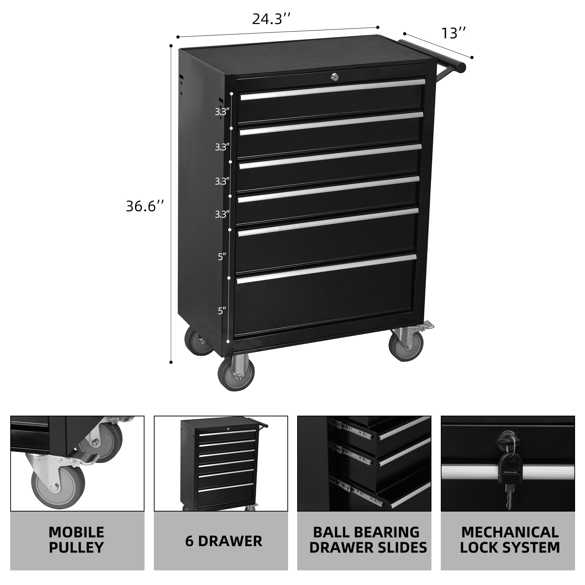 Leumius 6-Drawer Rolling Tool Chest Cabinet, Large Capacity Metal Tool Box with Wheels,Black