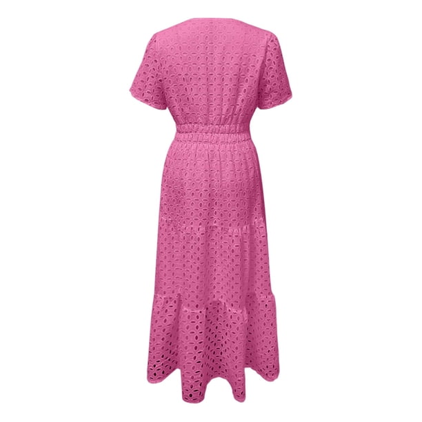 Women's 2025 Summer Short Sleeve Maxi Dress - V Neck, Eyelet Embroidered,  A-Line with Pockets - Sizes XS-XXL for Party/Beach - Walmart.ca
