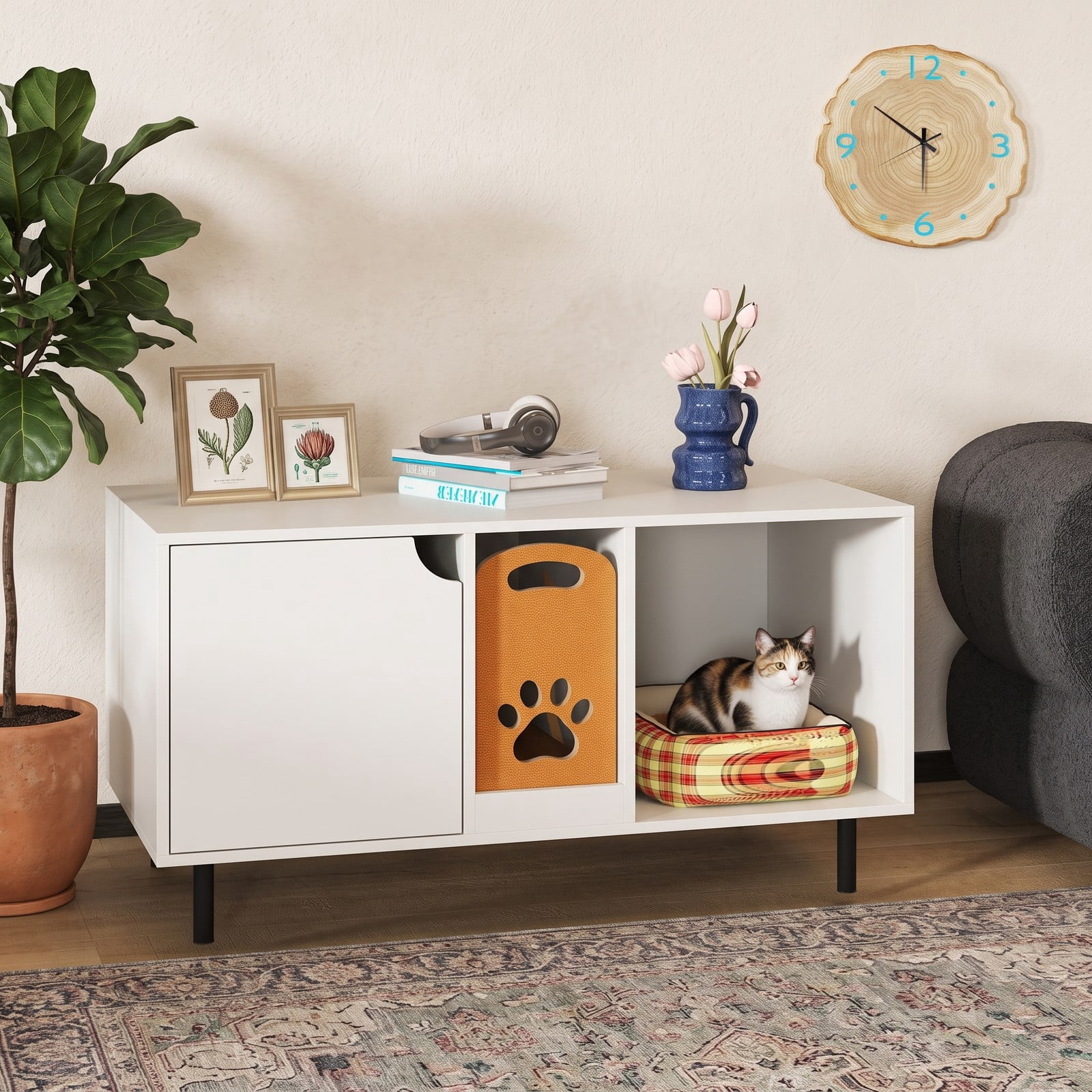 ALPULON 40 Inch Cat Litter Box Enclosure for 2 Cats, Hidden Cat Washroom Furniture with Scratching Board, Side Table Litter Box Cabinet with Countertop and, White