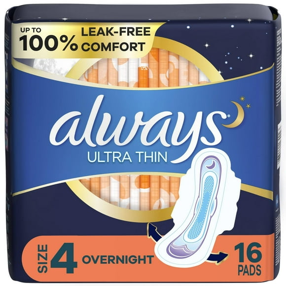 Always Ultra Thin Overnight Pads, Size 4, Overnight, Unscented, 16CT