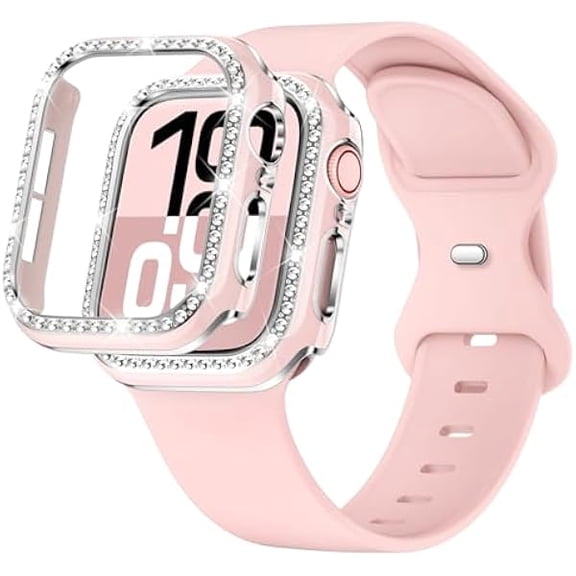 Compatible for Pink Apple Watch Bands 44mm 45mm 46mm 42mm 45mm 40mm 38mm 49mm Women with Bumper Case, Silicone Strap Glitter Bling Face Cover for iWatch SE Ultra 3 2 Series 11 10 9 8 7 6 5 4 3 2 1