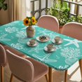 thumbnail image 3 of Teal Coastal Table Cloths for 6 Foot Rectangle Tables, Nautical Beach Starfish Coral Summer Patio Waterproof Elastic Fitted Tablecloths, Washable Rectangular Table Cover for Camping, 3 of 8