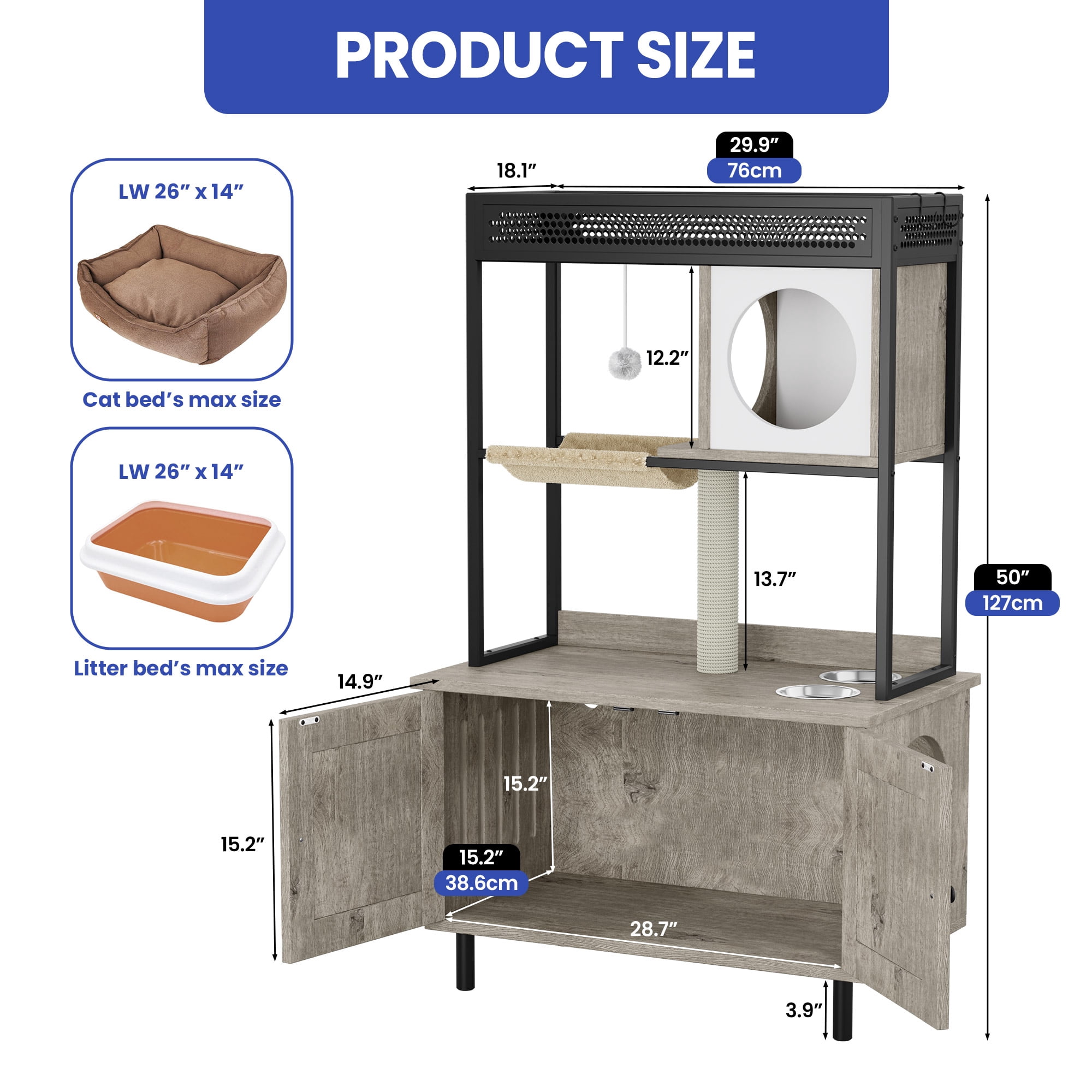 Uforic Cat Litter Box Enclosure, Large Indoor Hidden Wooden Cat Furniture with Shelves & USB & Type-C Outlets, Gray