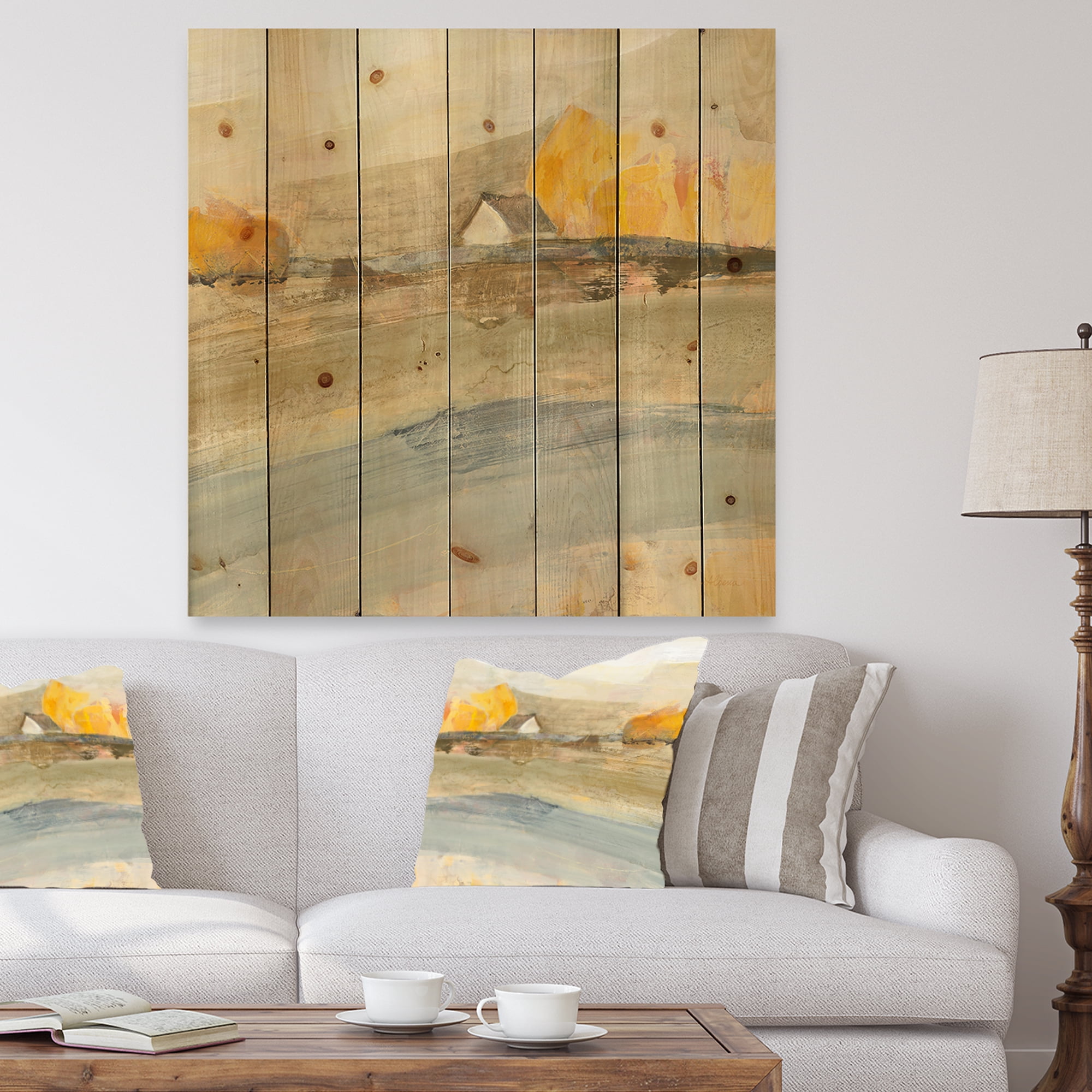 Designart 'Coming on Abstract Farmhouse Landscape' Traditional Print on Natural Pine Wood